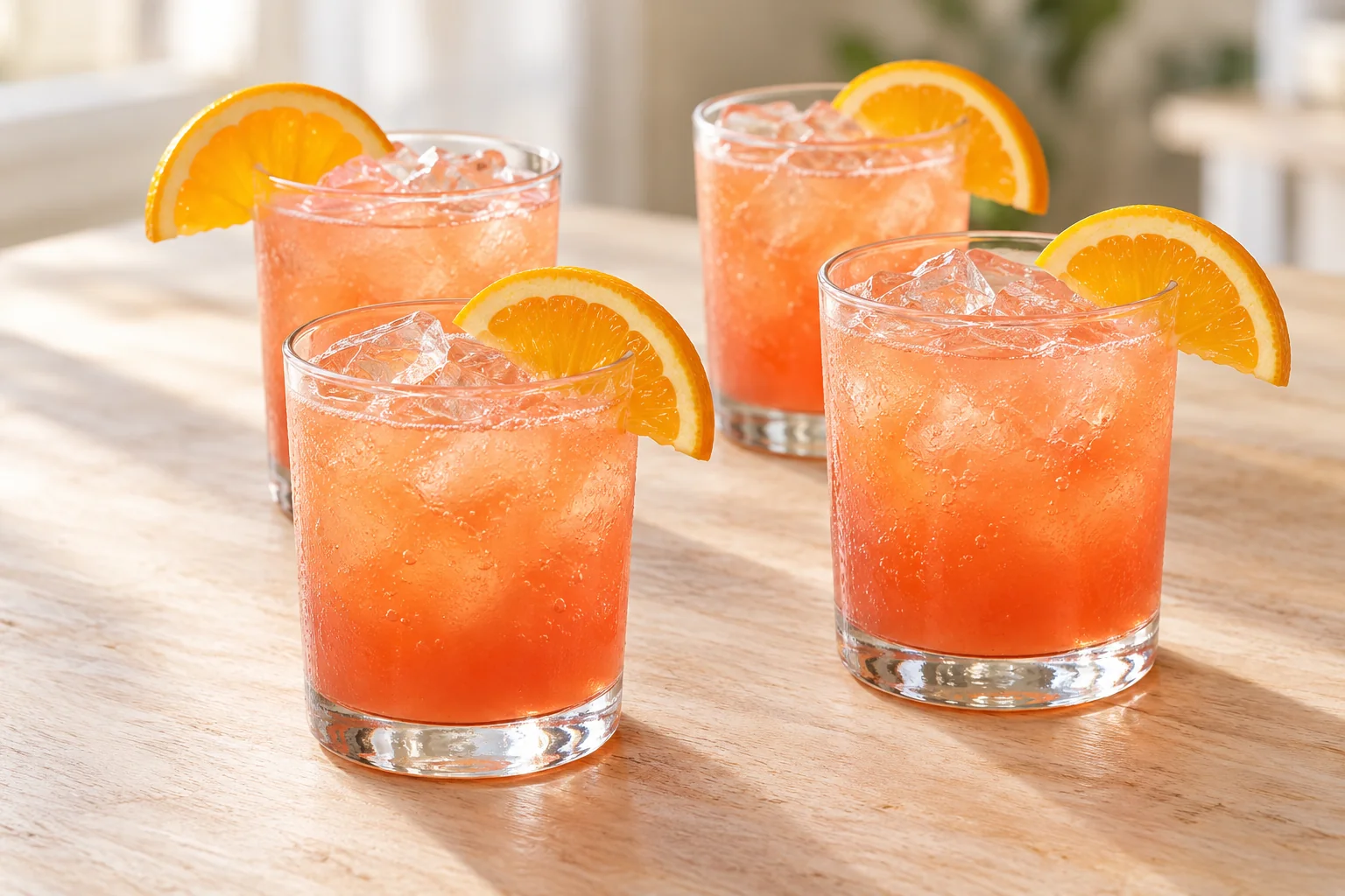 Four glasses of cranberry-orange spritz with ice and orange half-moon garnishes.