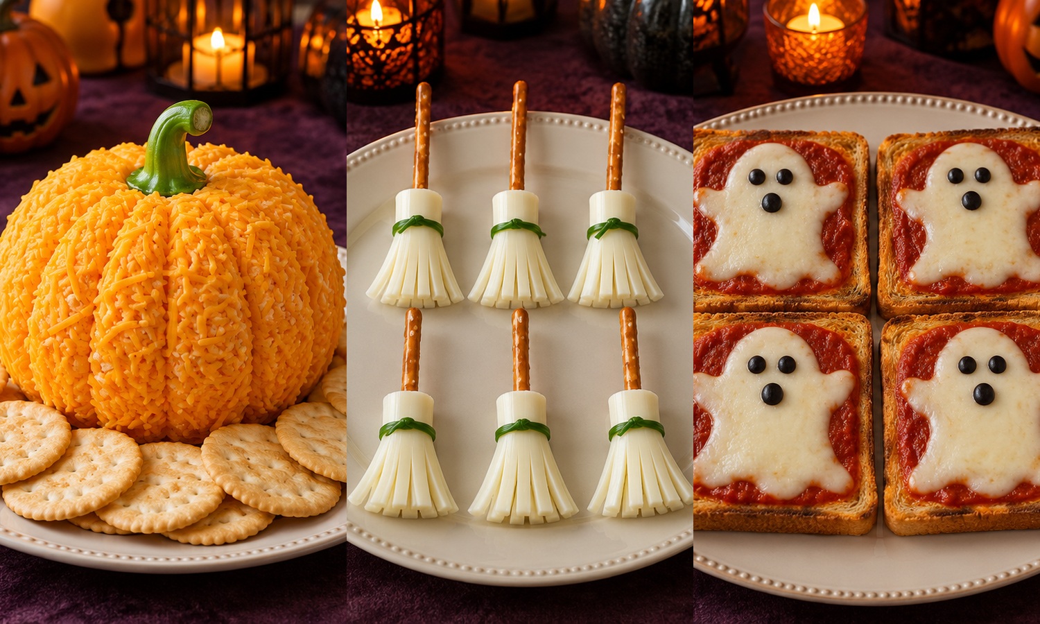 A cheddar-coated pumpkin cheese ball with a green bell-pepper stem and crackers, six mozzarella-and-pretzel witch brooms with chive ties, and four ghost-shaped cheese toasts with olive faces.