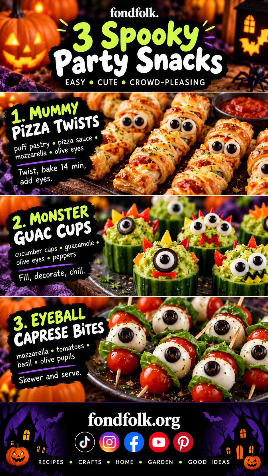Orange-and-purple Fondfolk Halloween collage with mummy pizza twists, monster guacamole cucumber cups and tomato-mozzarella eyeball caprese bites.