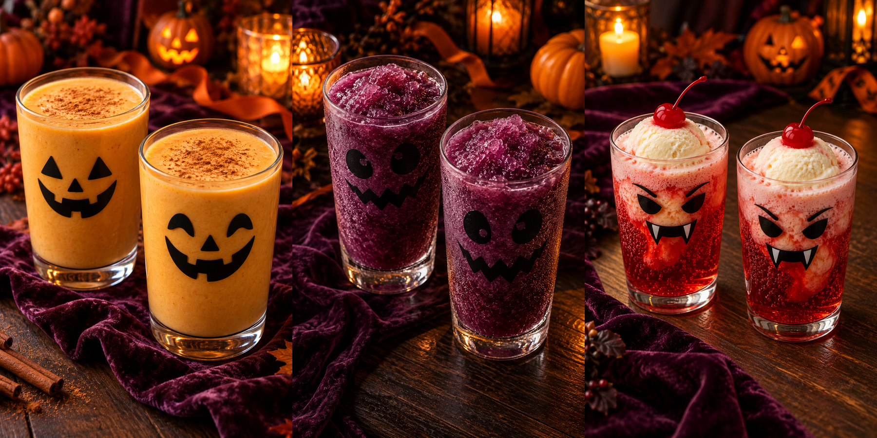 Three pairs of Halloween drinks: orange pumpkin milkshakes with jack-o-lantern glass faces, purple grape monster slushes and red cherry floats with vanilla ice cream and exterior vampire faces.