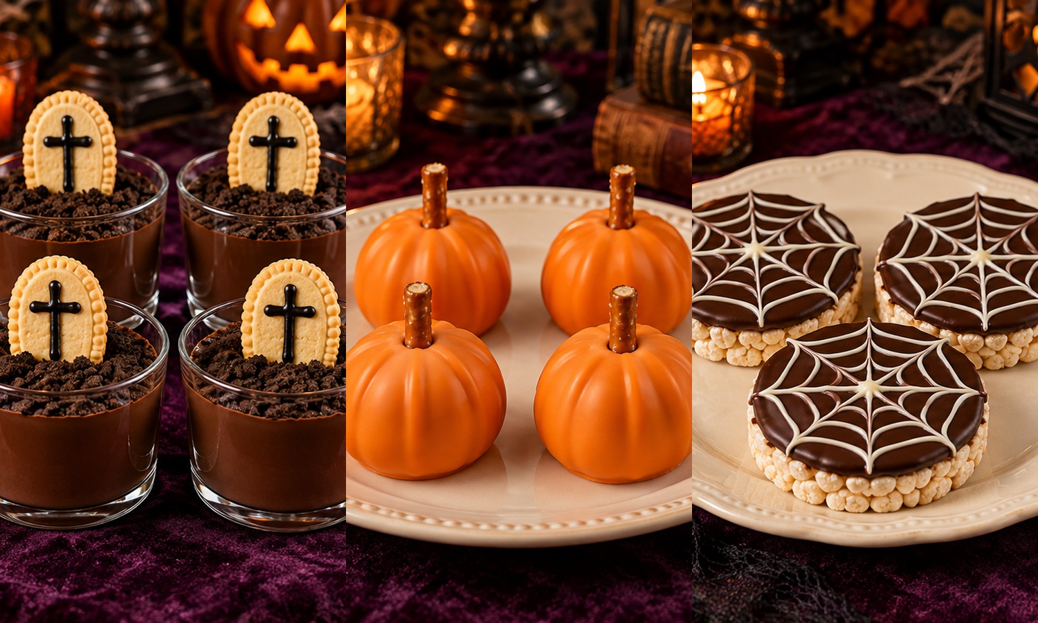 Four chocolate pudding cups with crumb soil and crossed cookie headstones, four orange peanut-butter pumpkin truffles with pretzel stems, and three dark-chocolate rice cakes with white cobwebs.