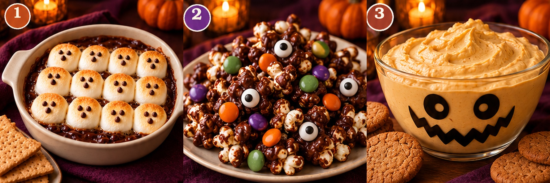 Three Halloween desserts: twelve marshmallow ghosts on chocolate dip, candy-eye chocolate popcorn clusters, and pumpkin cheesecake dip in a clear monster-decorated bowl with ginger biscuits.