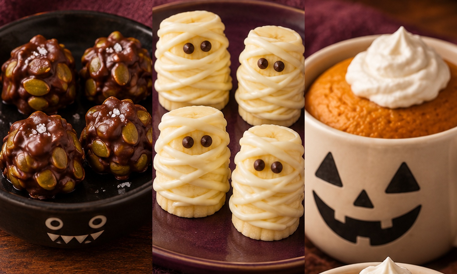 Four chocolate pumpkin-seed clusters, four white-chocolate mummy banana bites and one of two pumpkin mug cakes with whipped cream in a jack-o-lantern mug.