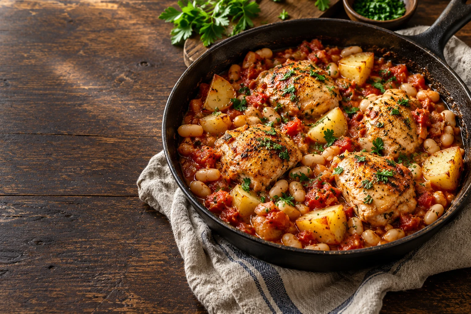 Tomato chicken with white beans and potatoes