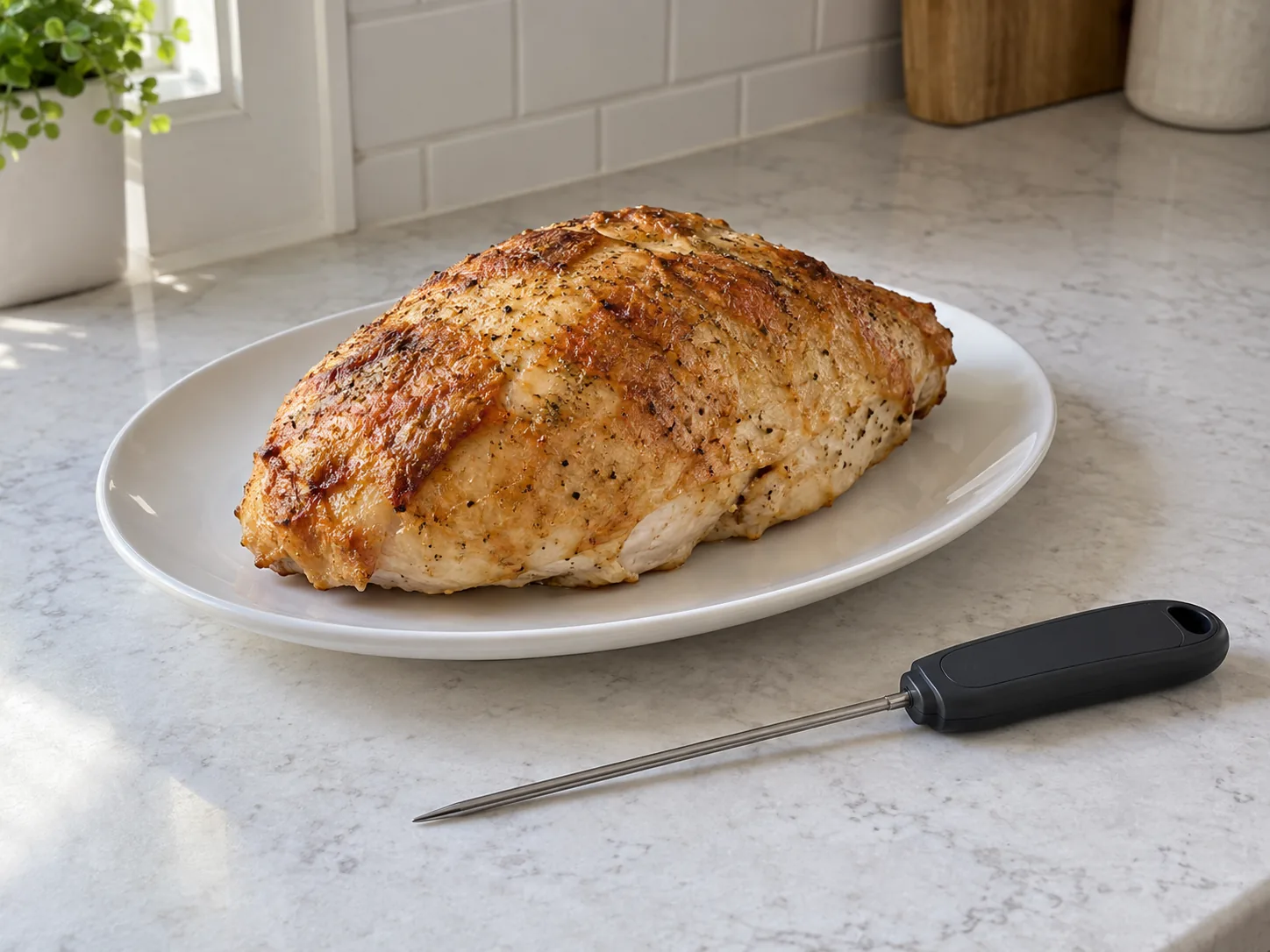 AI-generated illustration of browned turkey breast on a platter with an instant-read thermometer beside it; the image does not demonstrate probe placement or show a temperature reading.