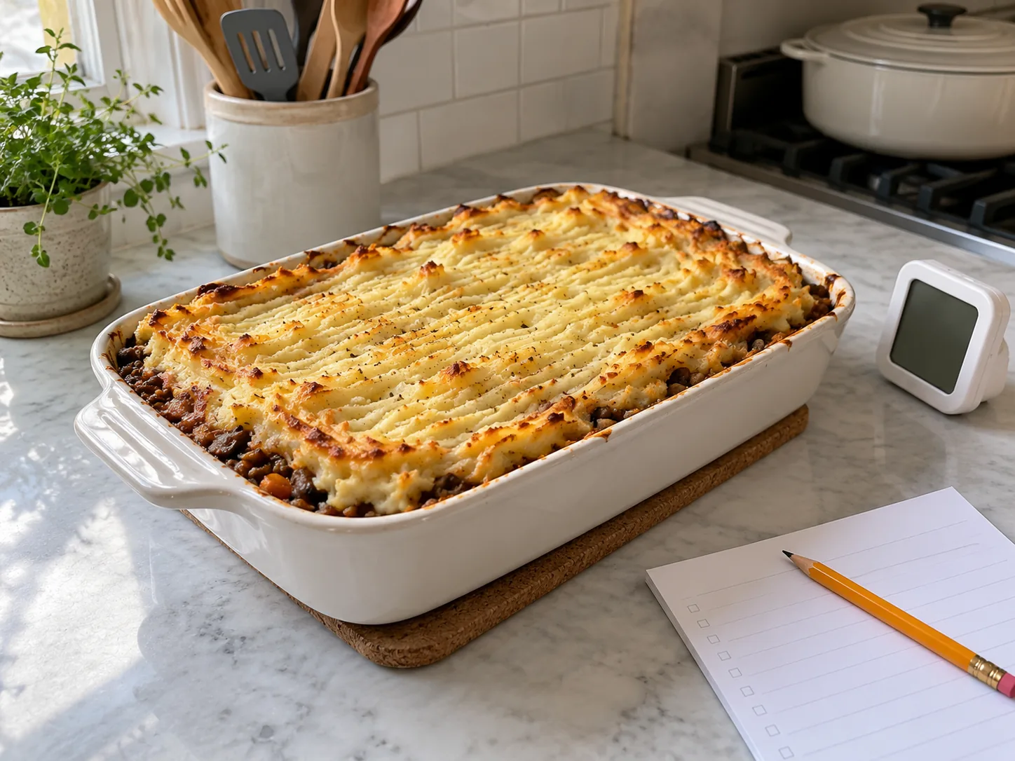A potato-topped shepherd’s pie beside a blank planning sheet and kitchen timer.