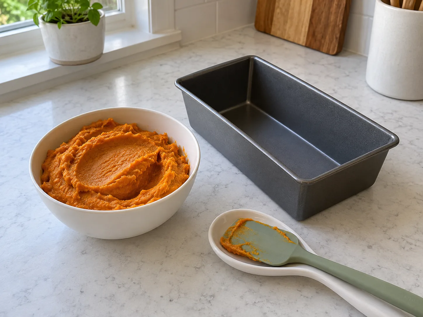 A bowl of pumpkin purée beside an empty loaf pan and a silicone spatula.