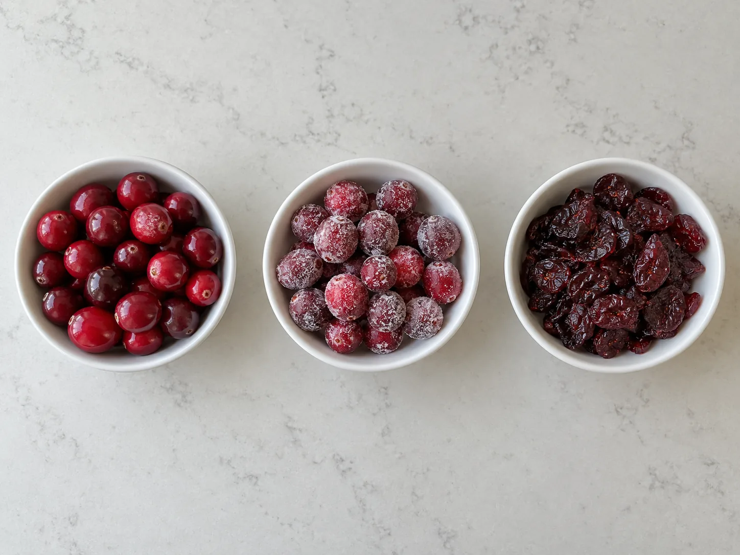 Three bowls holding fresh cranberries, frosted frozen cranberries and dried cranberries.