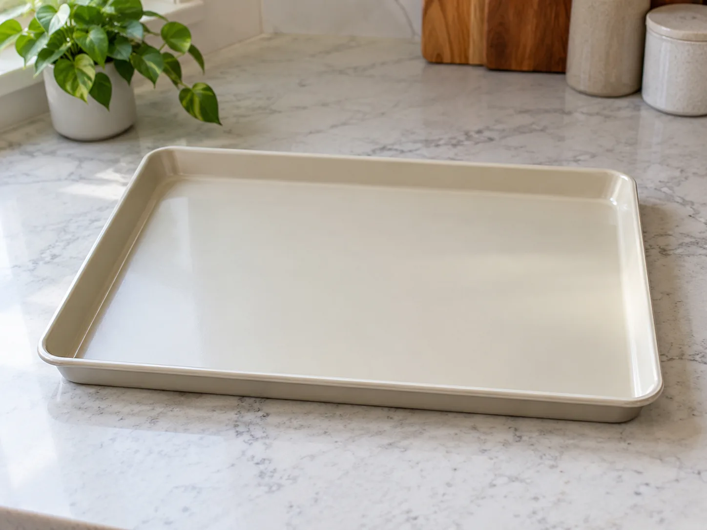 AI-generated illustration of a clean, unbranded rimmed baking sheet lying flat on a level kitchen counter.