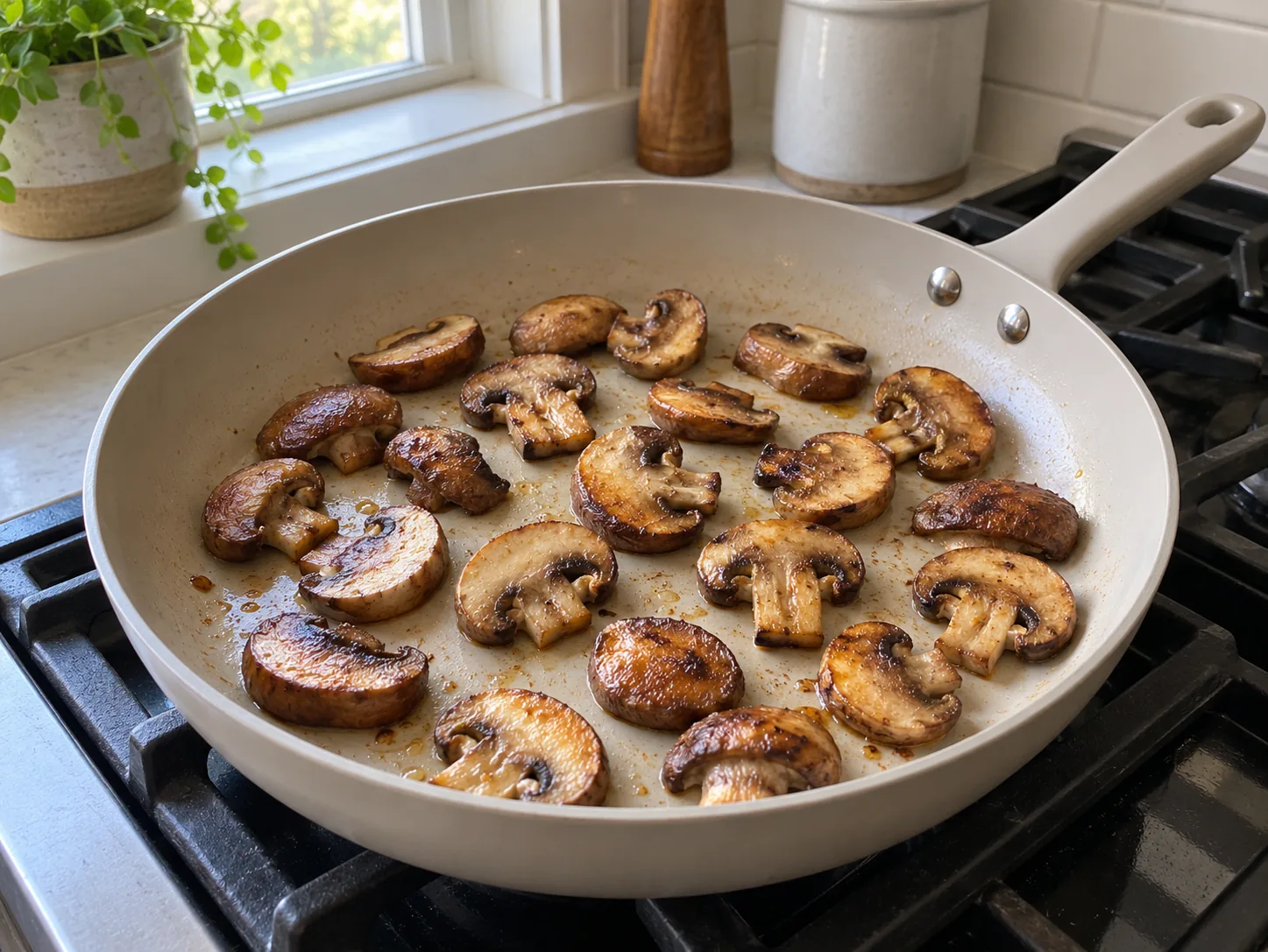 AI-generated illustration of pan spacing and contact: thick mushroom slices lie in a single layer with visible gaps in a pale coated skillet, several turned to show their browned faces.