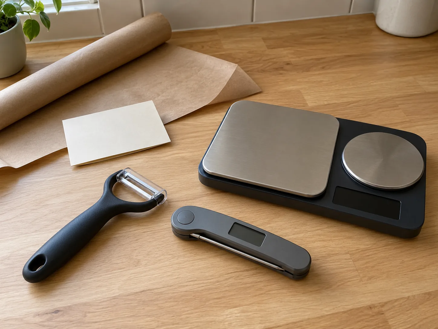 AI-generated illustration of generic tool types: a protected Y-peeler, folded cooking thermometer and two-platform scale beside brown wrapping paper. No specific branded model is depicted.
