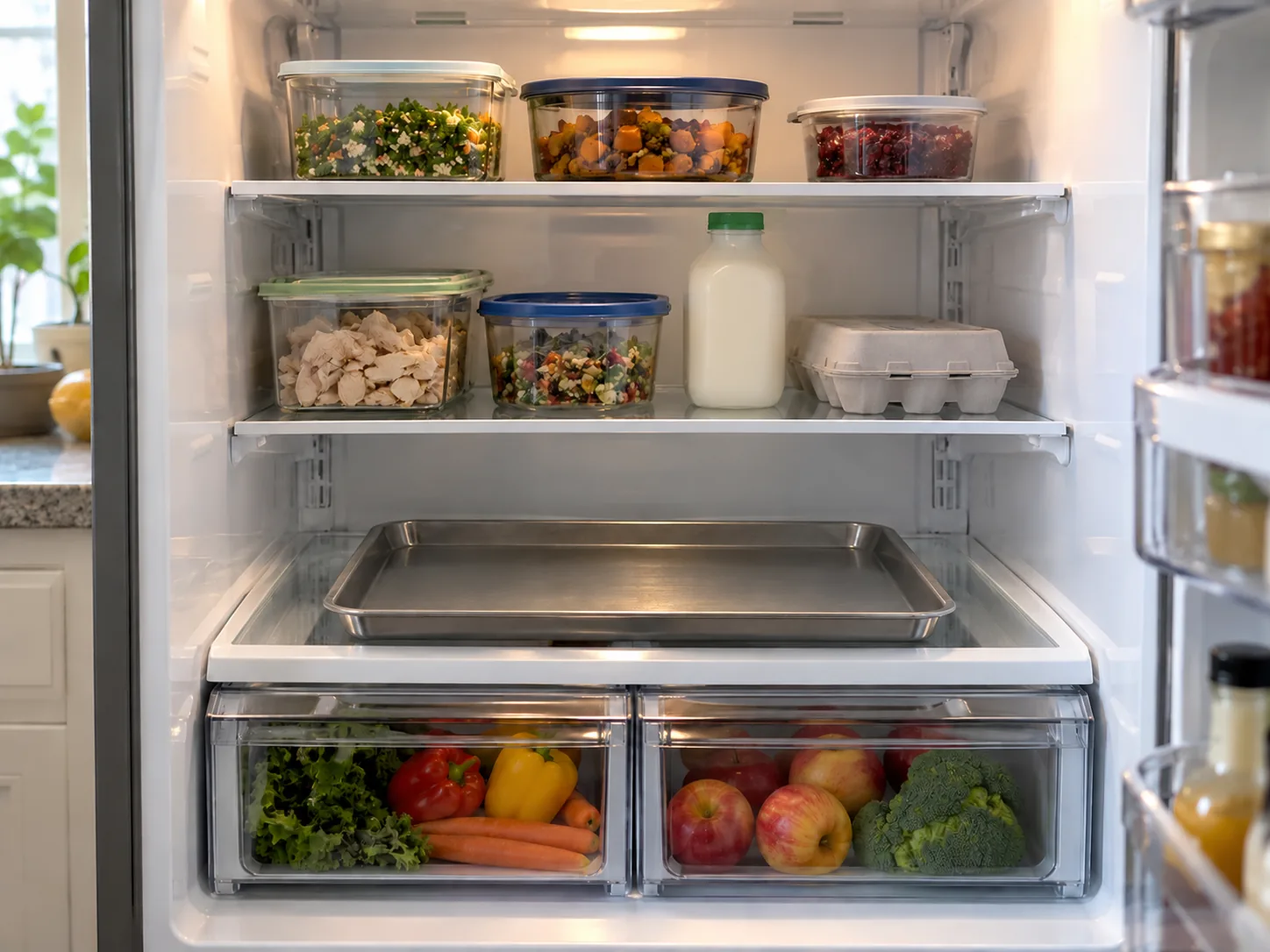 AI-generated illustration of a cleared lower refrigerator shelf before holiday shopping, with covered food, milk and eggs above an empty rimmed tray.