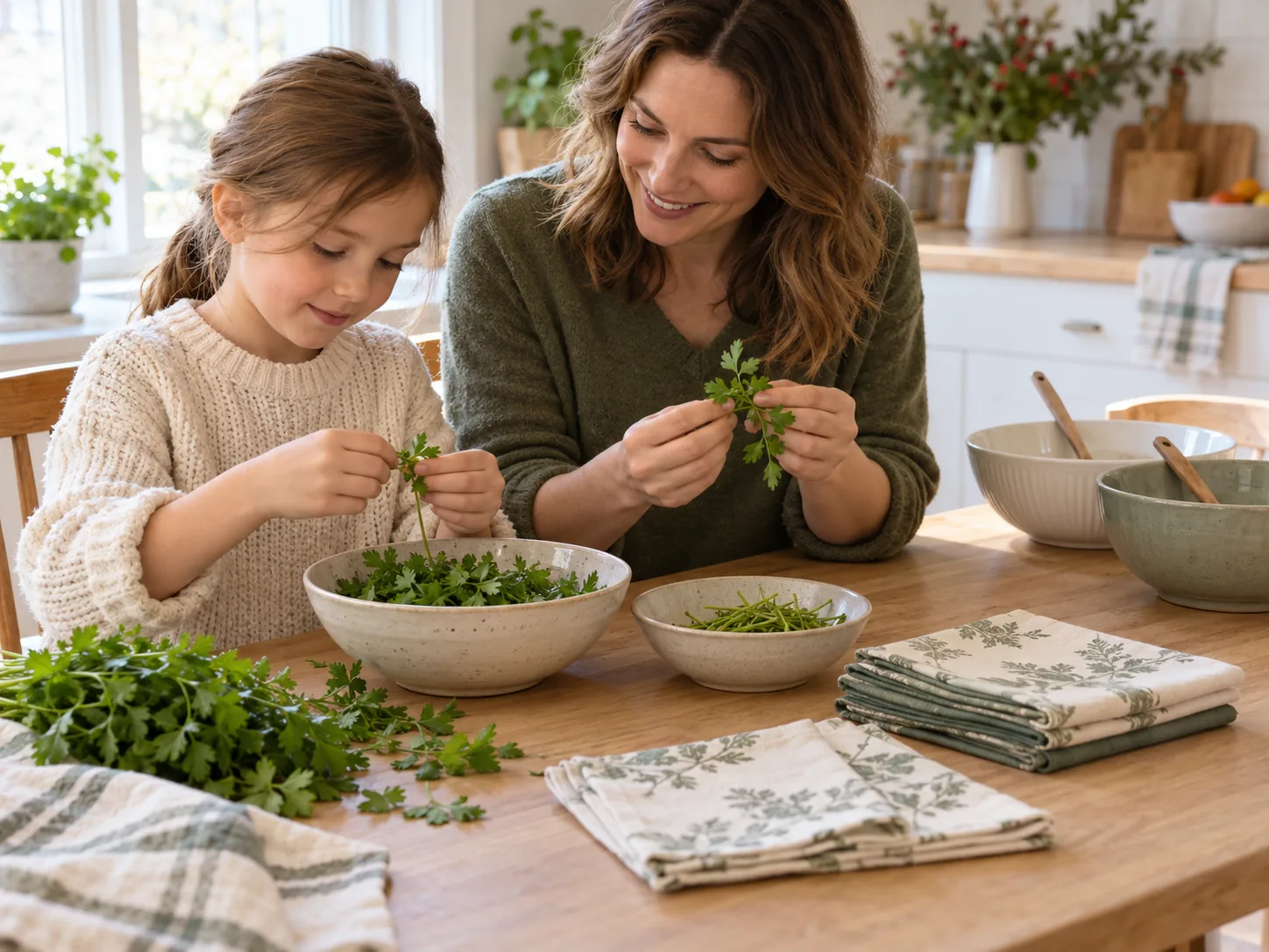 AI-generated illustration of supervised cool kitchen tasks: an adult beside a seated child picking parsley, with napkins and empty serving bowls ready for helpers.