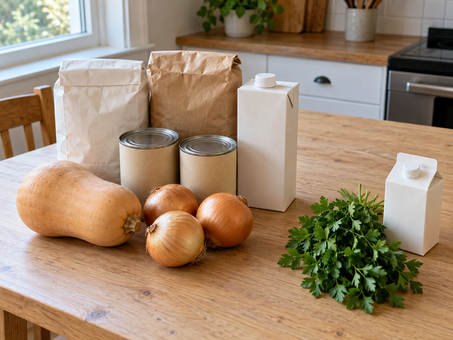 AI-generated Thanksgiving grocery-planning illustration: pantry packages, onions and whole squash set apart from parsley and a closed carton.