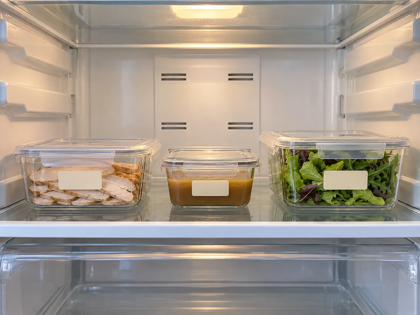 AI-generated illustration of already-chilled meal components stored separately: covered containers of cooked turkey, gravy and undressed salad on a refrigerator shelf with space between them.