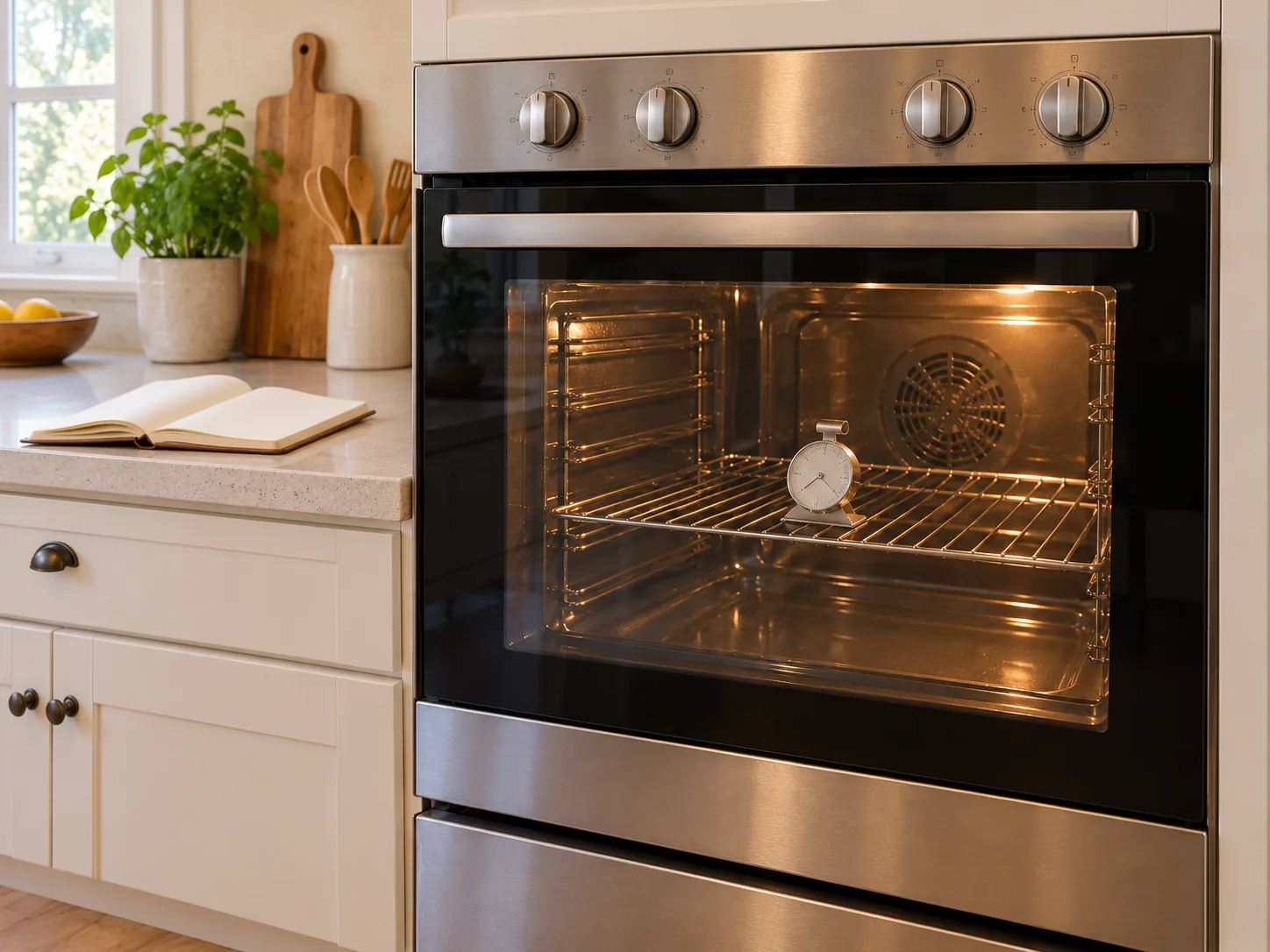 AI-generated illustration of a closed-door oven observation setup: an oven-air thermometer on the middle rack and a blank notebook nearby, with no temperature result shown. Use the check permitted by the appliance instructions.