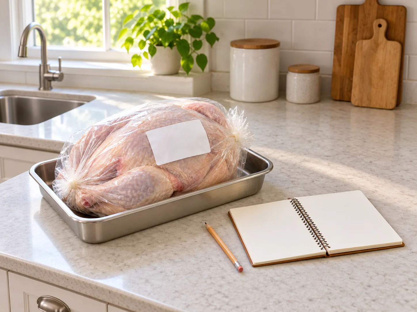 AI-generated packaging-review illustration of a sealed wrapped raw turkey in a rimmed tray beside a blank notebook and pencil. The label is blank and represents no actual turkey product or verified label.