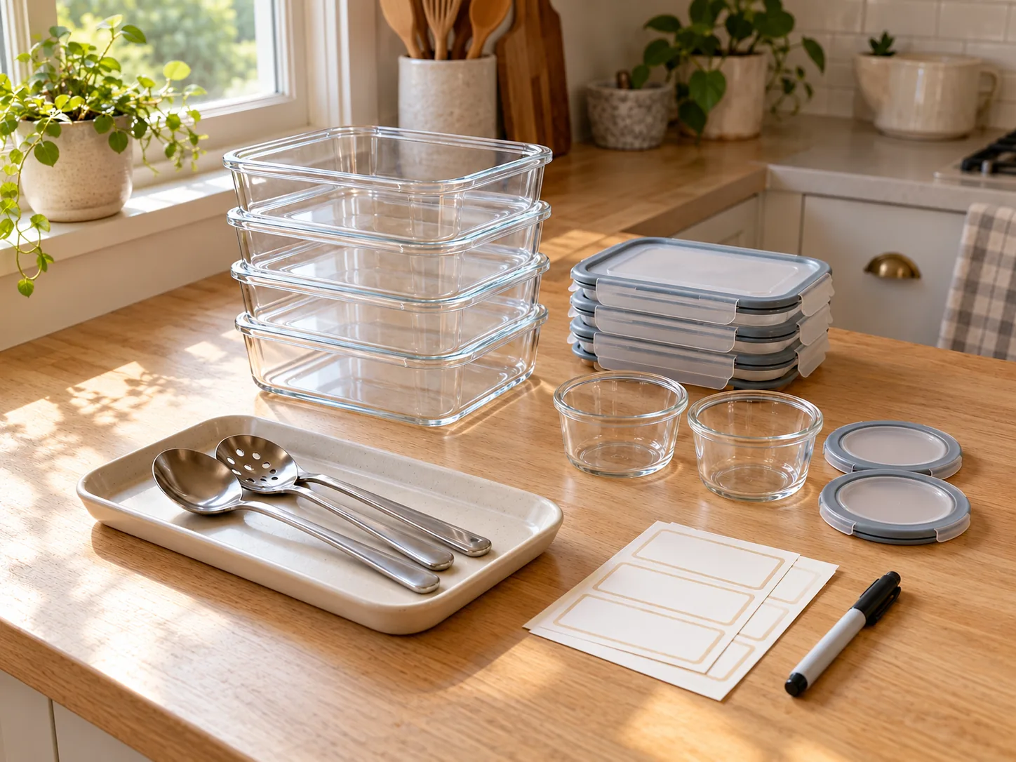 AI-generated illustration of an empty leftover-packing station: clean empty containers, matching lids, portioning spoons, blank labels and a marker on a kitchen counter.