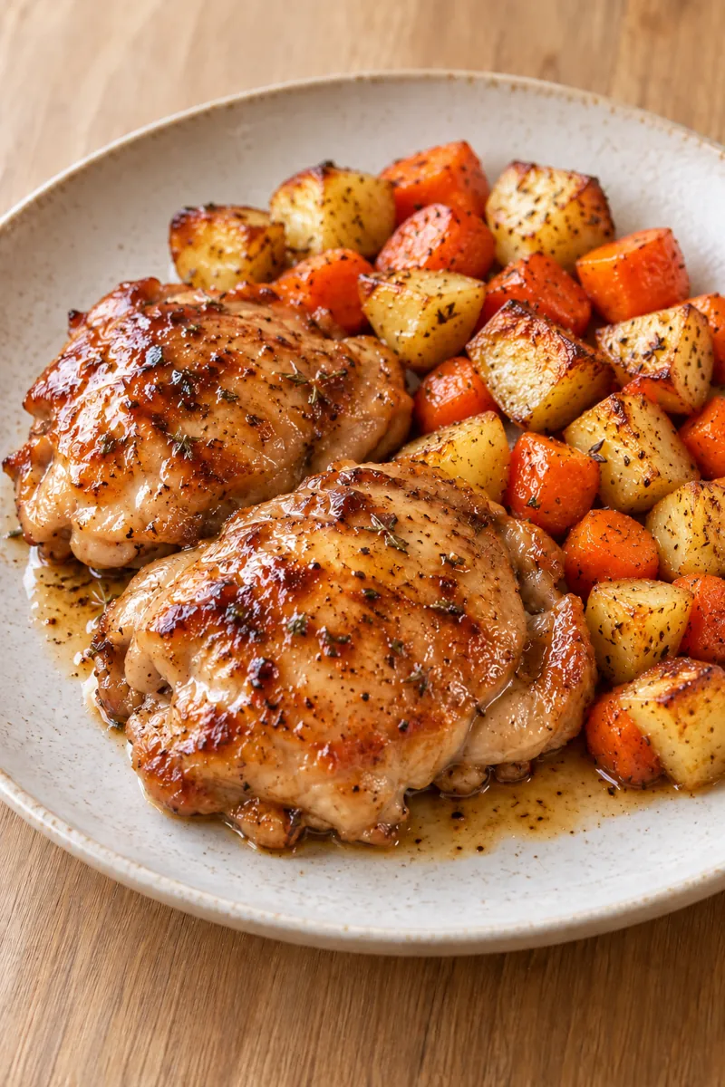 Apple-cider chicken thighs with carrots and potatoes