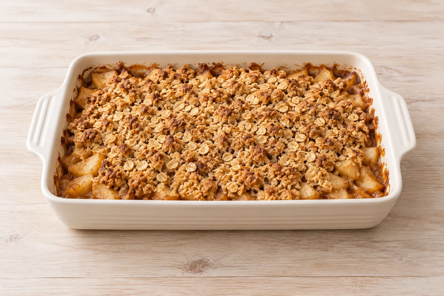 Apple crisp with a golden oat topping in a rectangular baking dish.