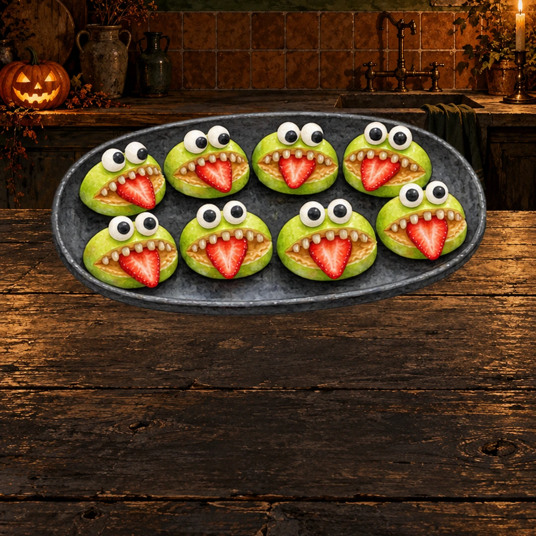 Apple Monster Bites illustrated on a dark platter in a moonlit Halloween kitchen.