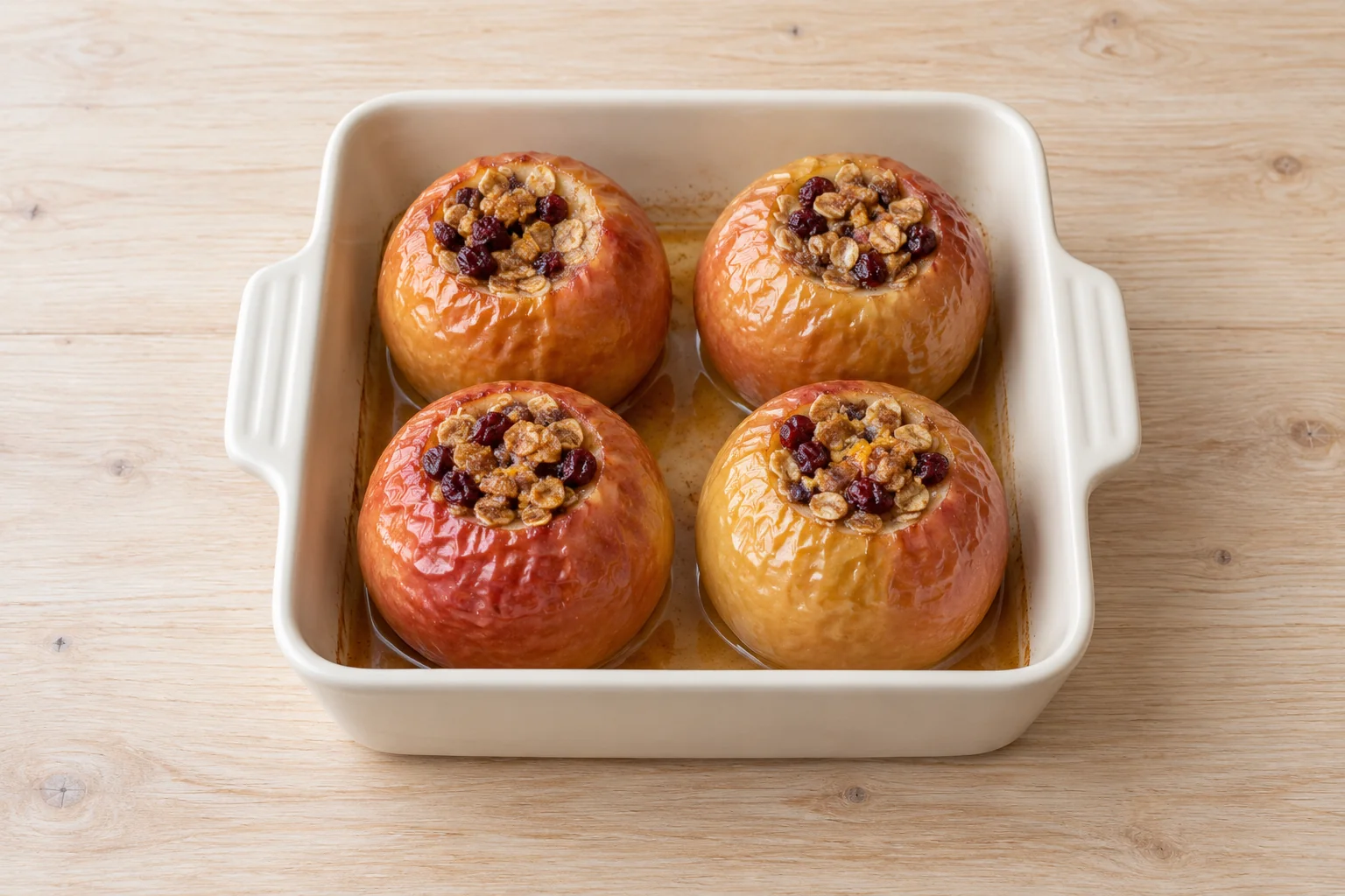 Four whole baked apples filled with cranberry oats in a baking dish.