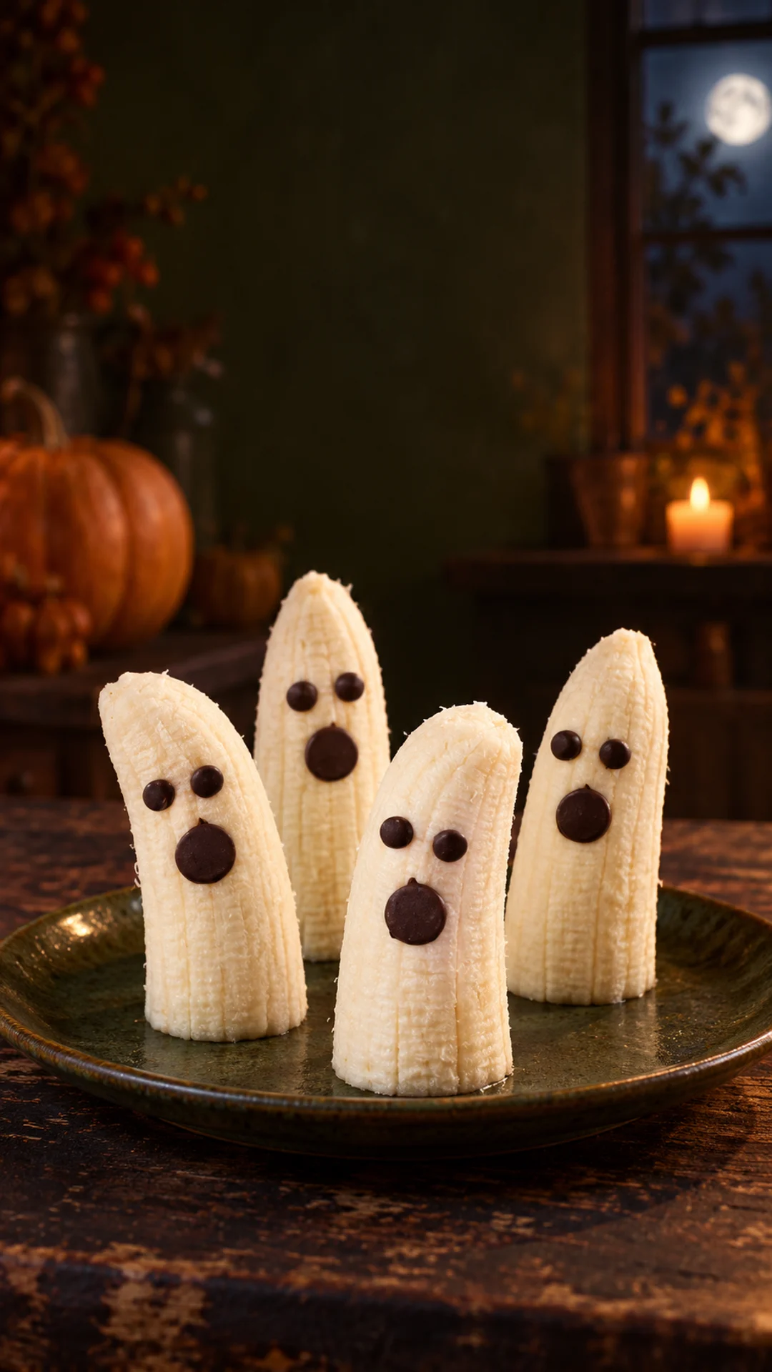 Four banana ghosts with chocolate-chip eyes and mouths on a dark olive plate.