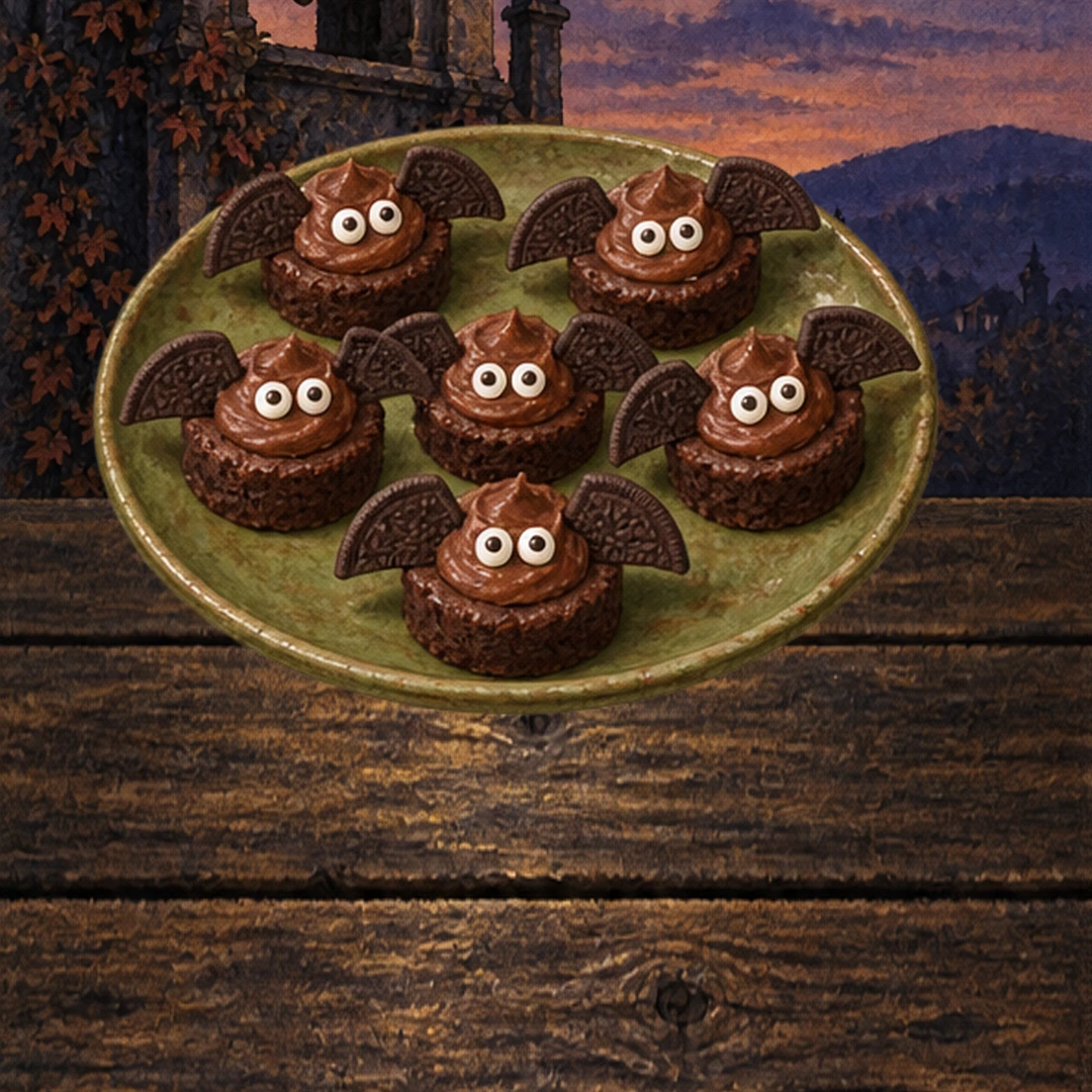 Bat Brownie Bites in an illustrated Halloween setting.