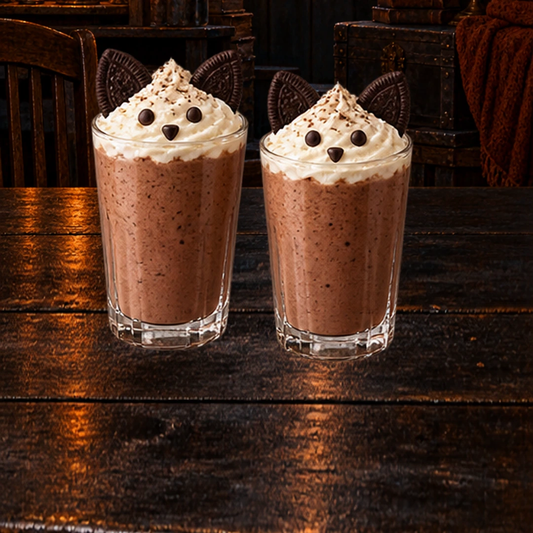 Black Cat Chocolate Orange Shakes in an illustrated Halloween setting.