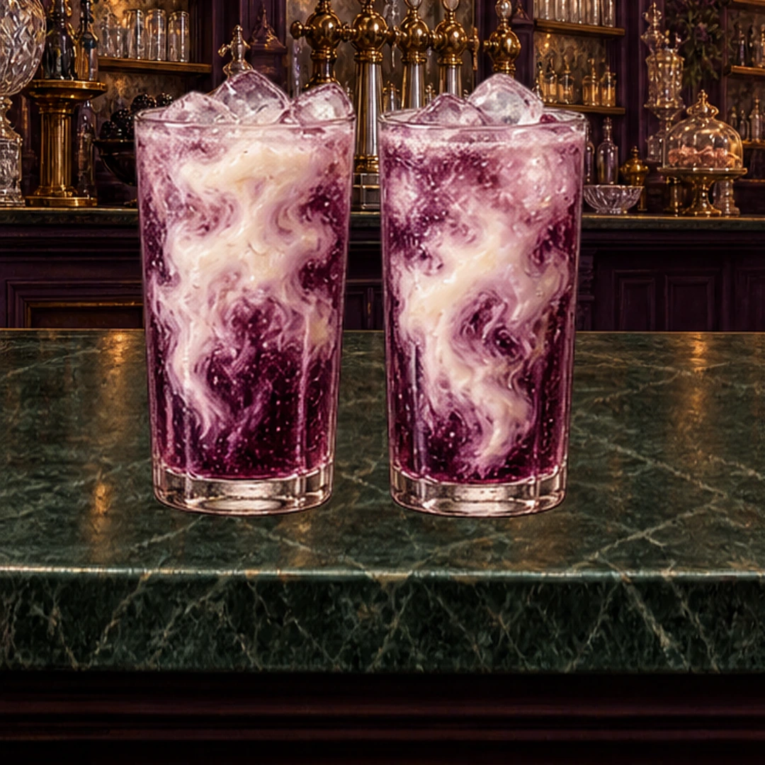 Blackberry Vanilla Cream Soda in an illustrated Halloween setting.