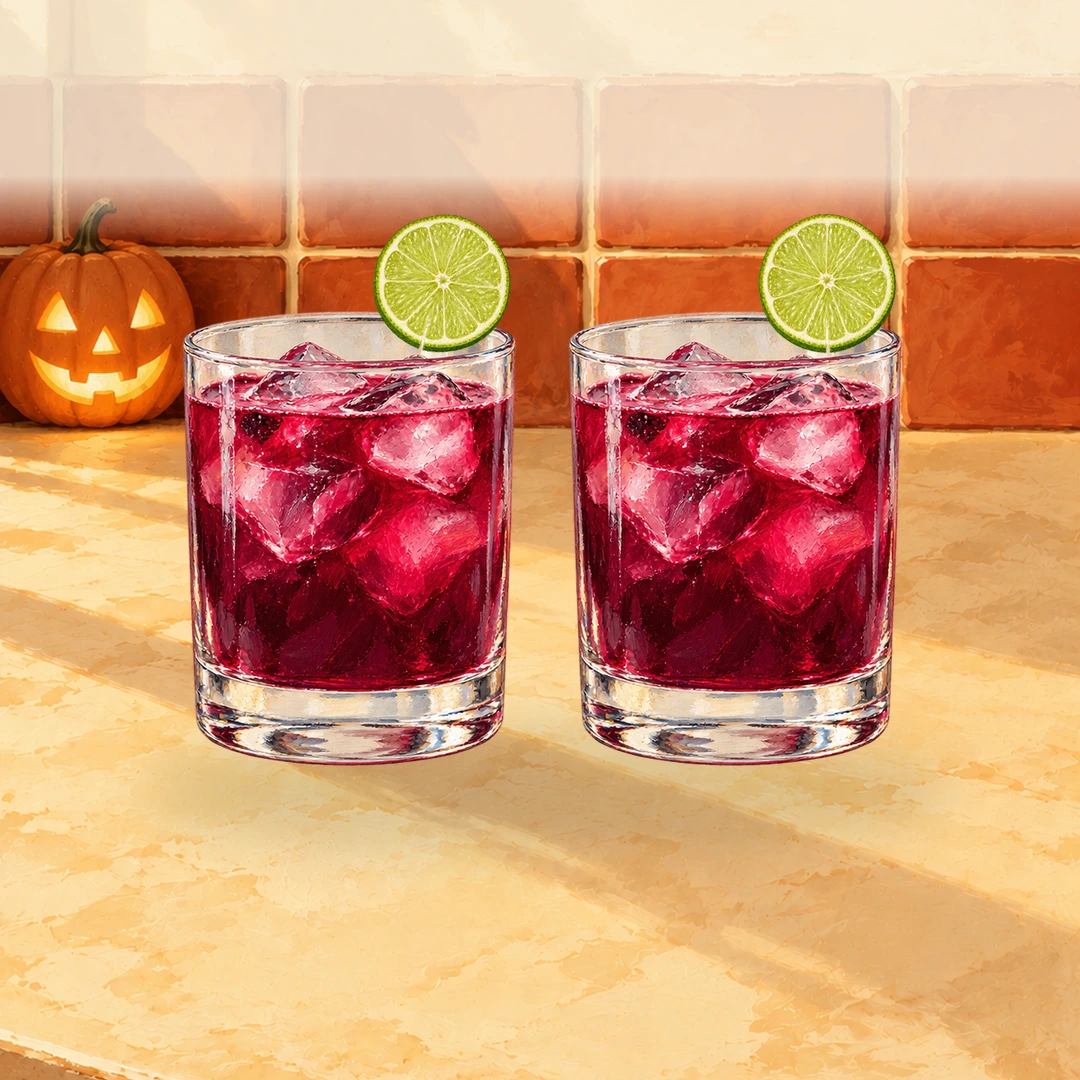 Illustrated blackberry-lime mocktails with ice and lime rounds, beside a small jack-o-lantern on a terracotta kitchen counter.