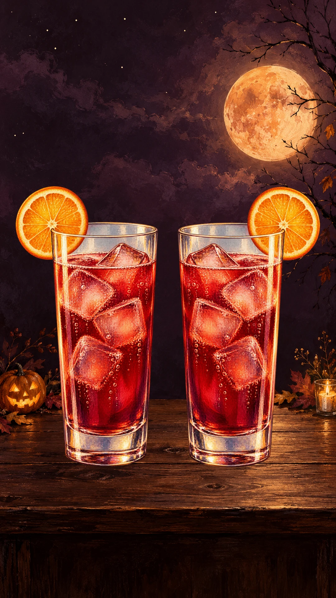 Illustrated ruby-red cranberry-orange drinks with ice and orange-slice moons beside a jack-o-lantern under a glowing moon.