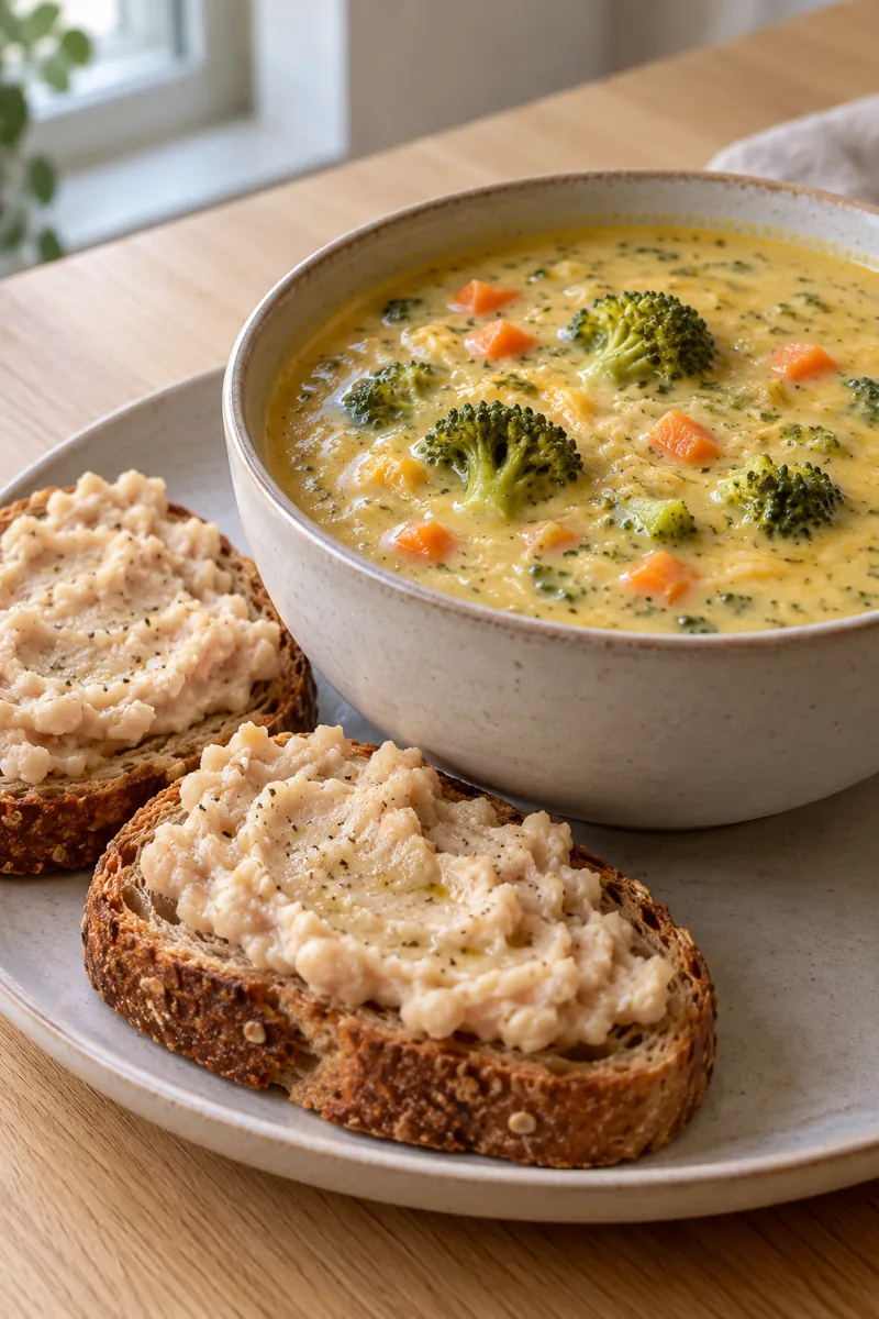 Broccoli-cheddar soup with white-bean toast