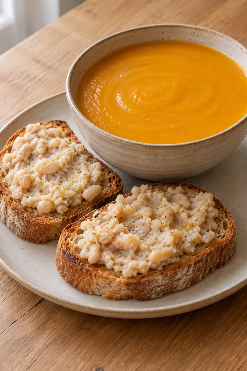 Butternut squash soup with a substantial white-bean toast pairing