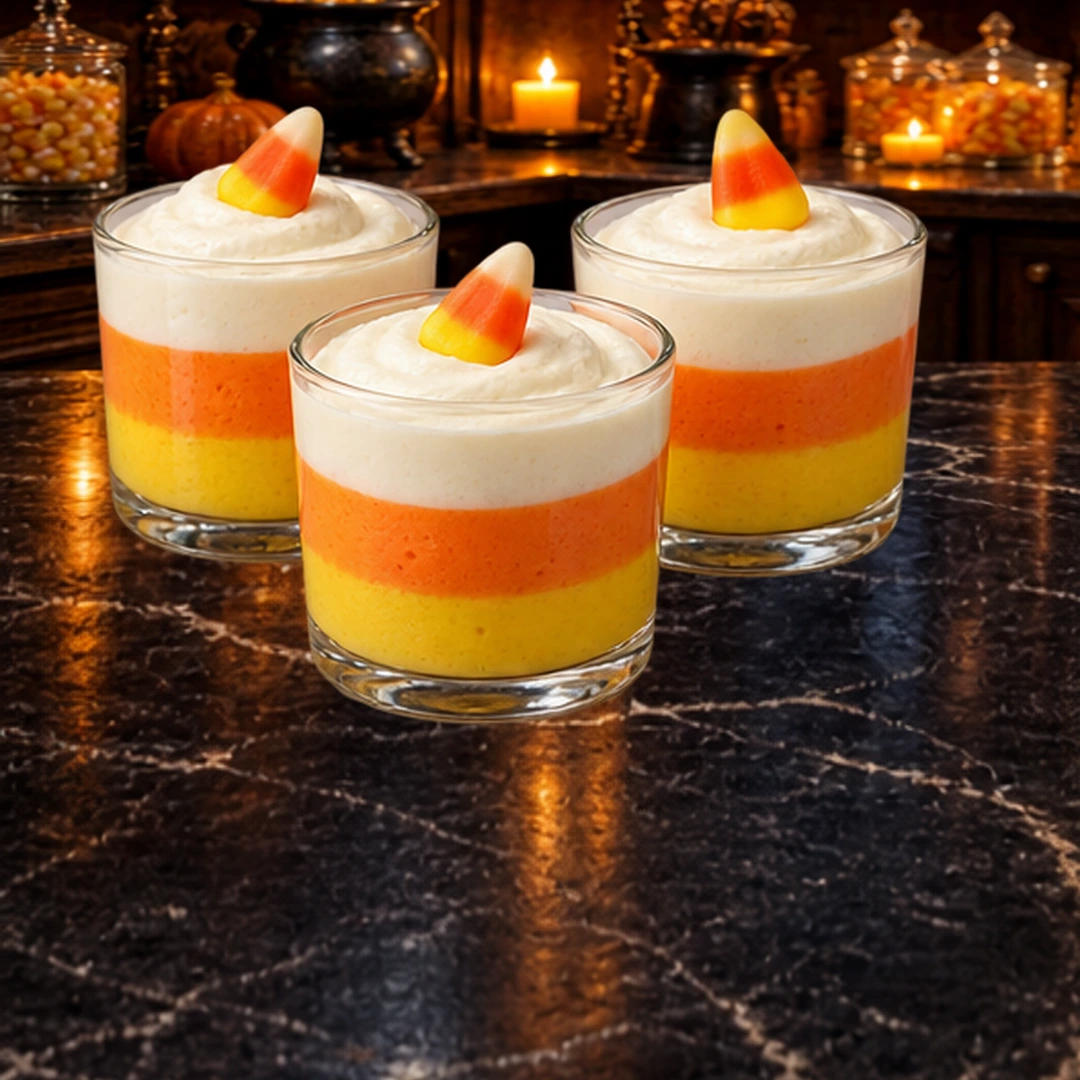 Candy Corn Cheesecake Cups in an illustrated Halloween setting.