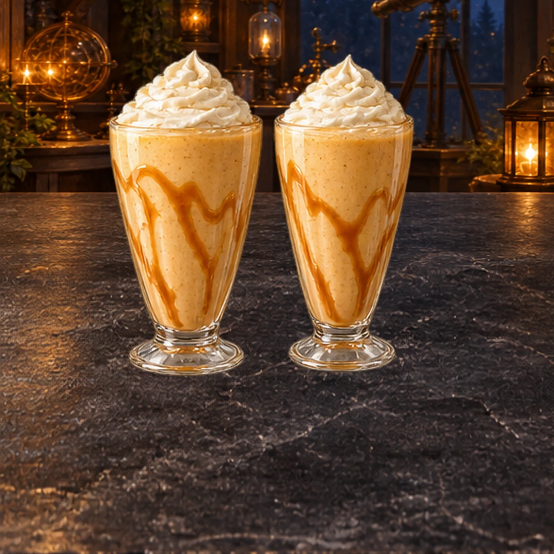 Caramel Pumpkin Milkshakes in an illustrated Halloween setting.