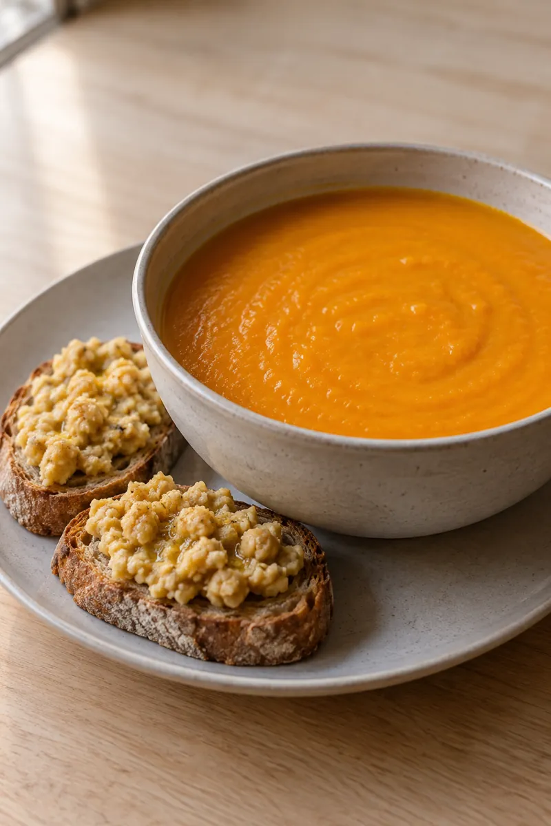 Carrot-ginger soup with orange and chickpea toast