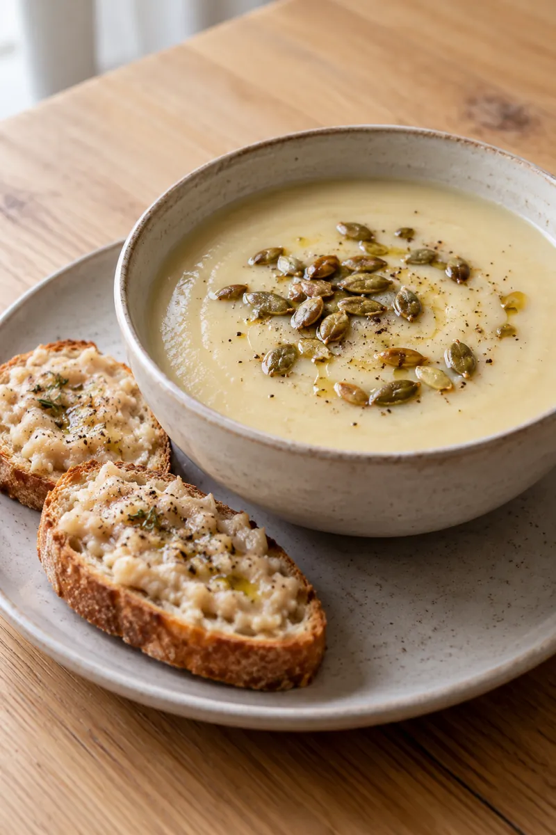 Cauliflower-miso soup with bean toast and seeds