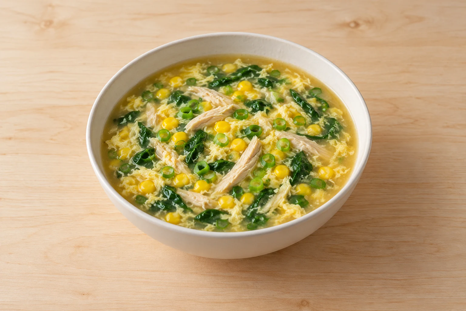 A bowl of chicken and corn soup with spinach, cooked egg ribbons and scallions.