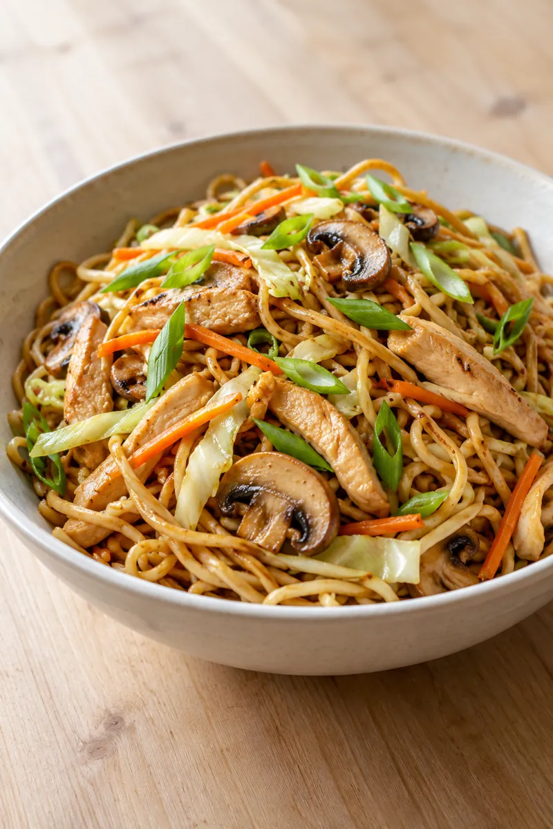 Chicken chow mein with mushrooms
