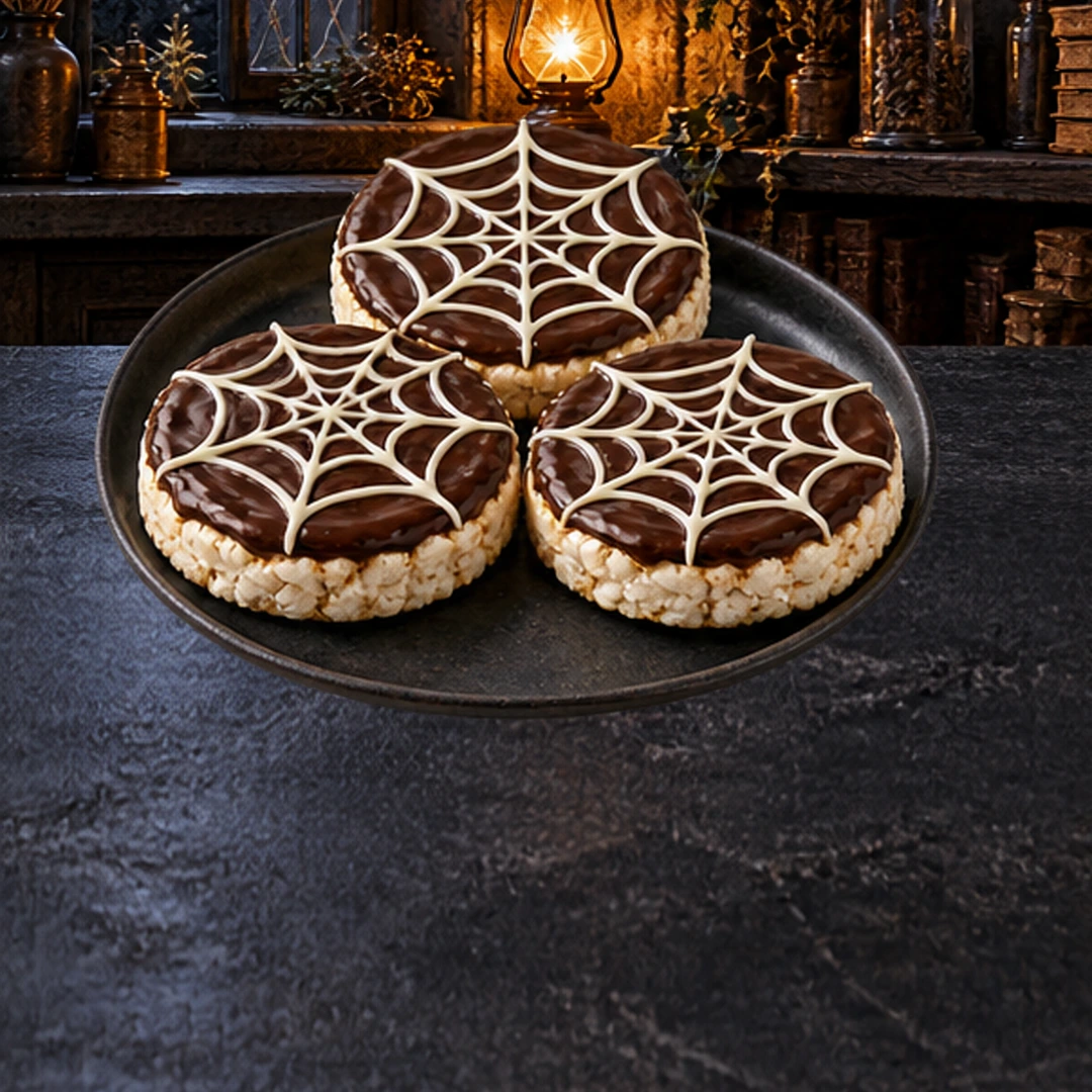 Chocolate Cobweb Rice Cakes in an illustrated Halloween setting.