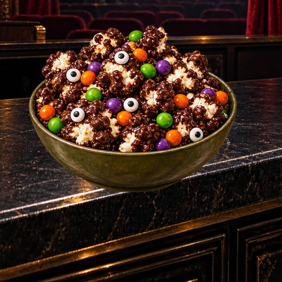 Chocolate Monster Popcorn in an illustrated Halloween setting.