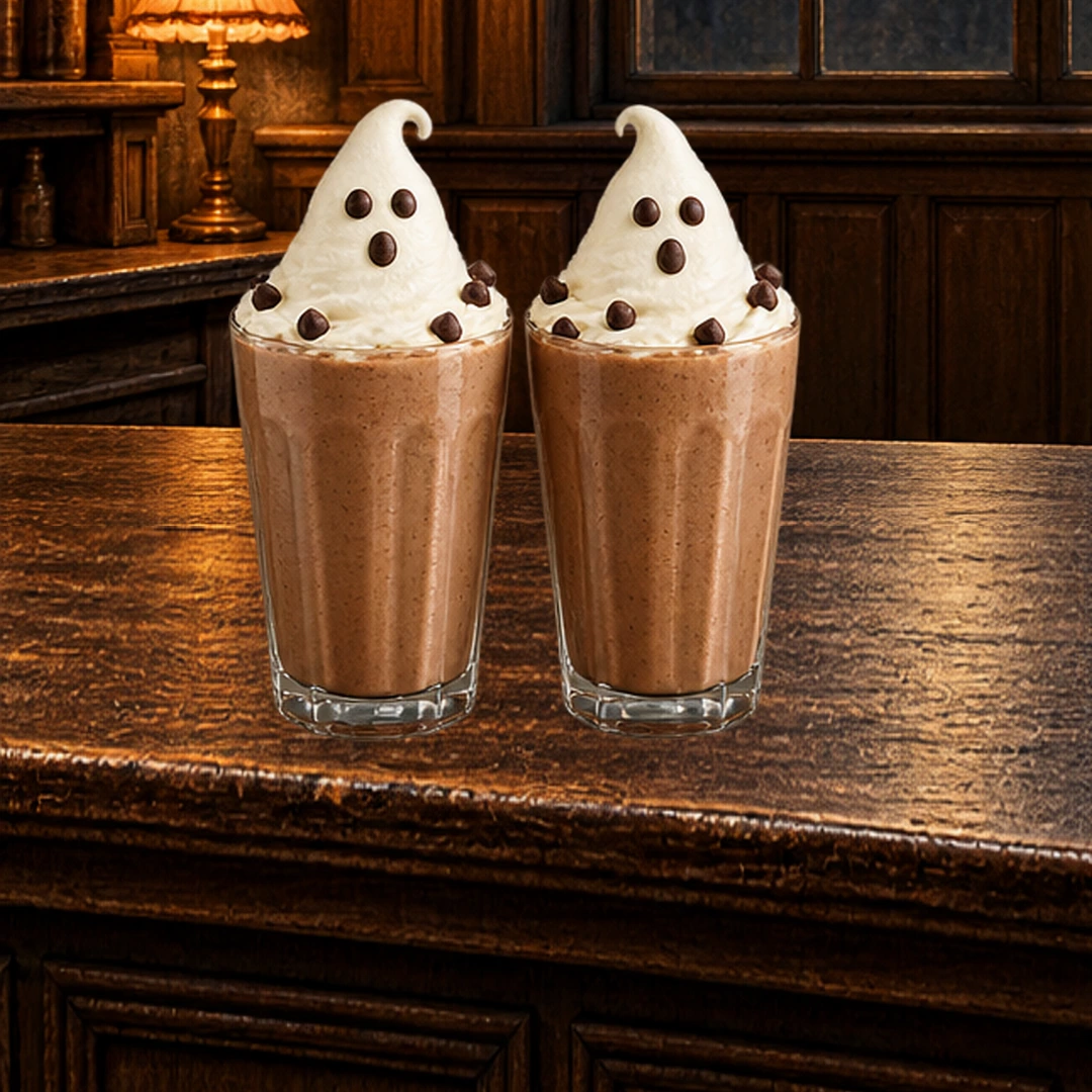 Chocolate Peanut Butter Ghost Shakes in an illustrated Halloween setting.
