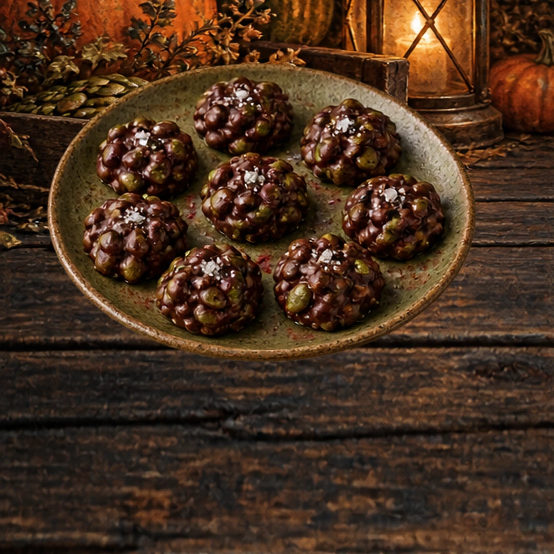 Chocolate Pumpkin Seed Clusters in an illustrated Halloween setting.