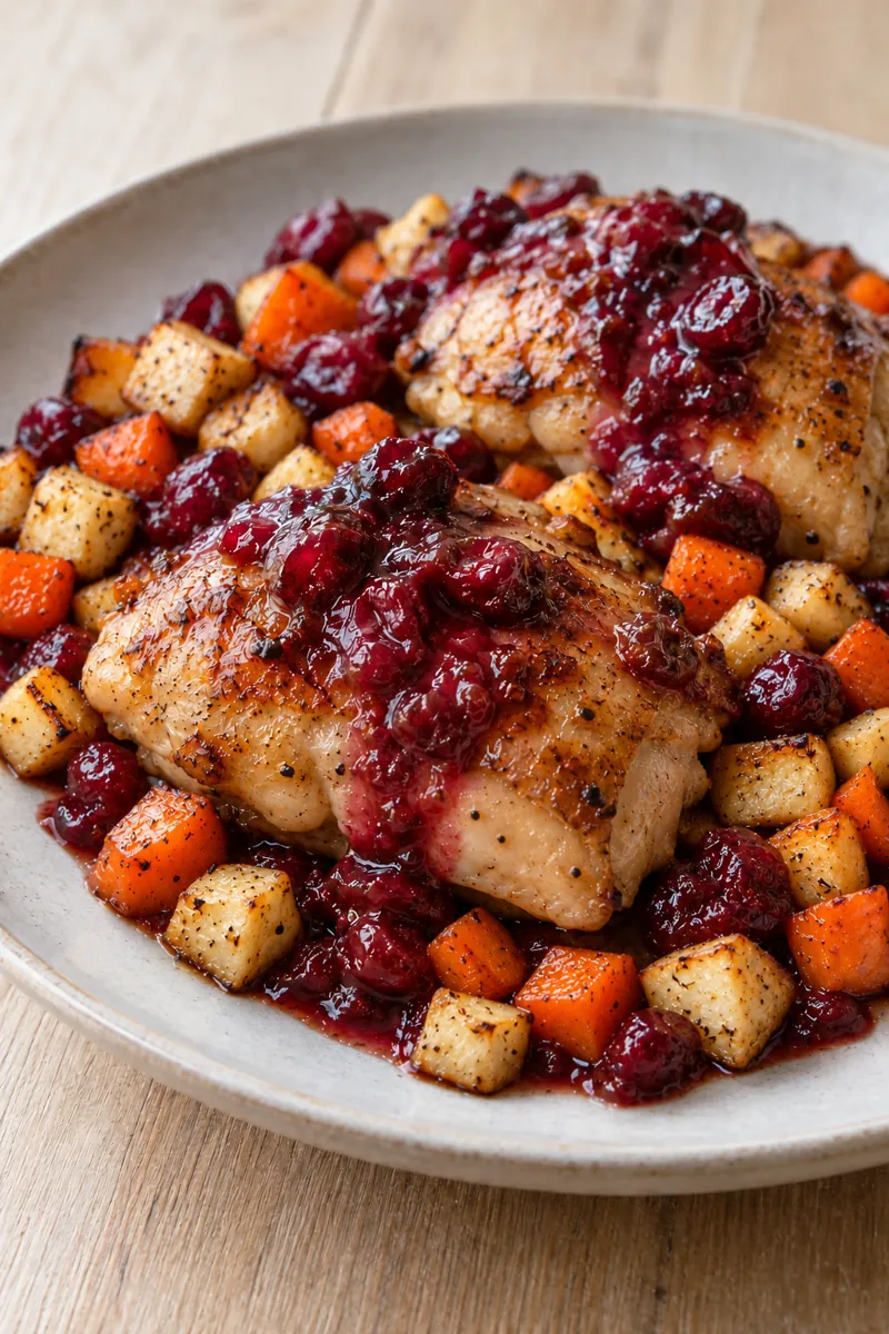 Cranberry-balsamic chicken with roasted roots