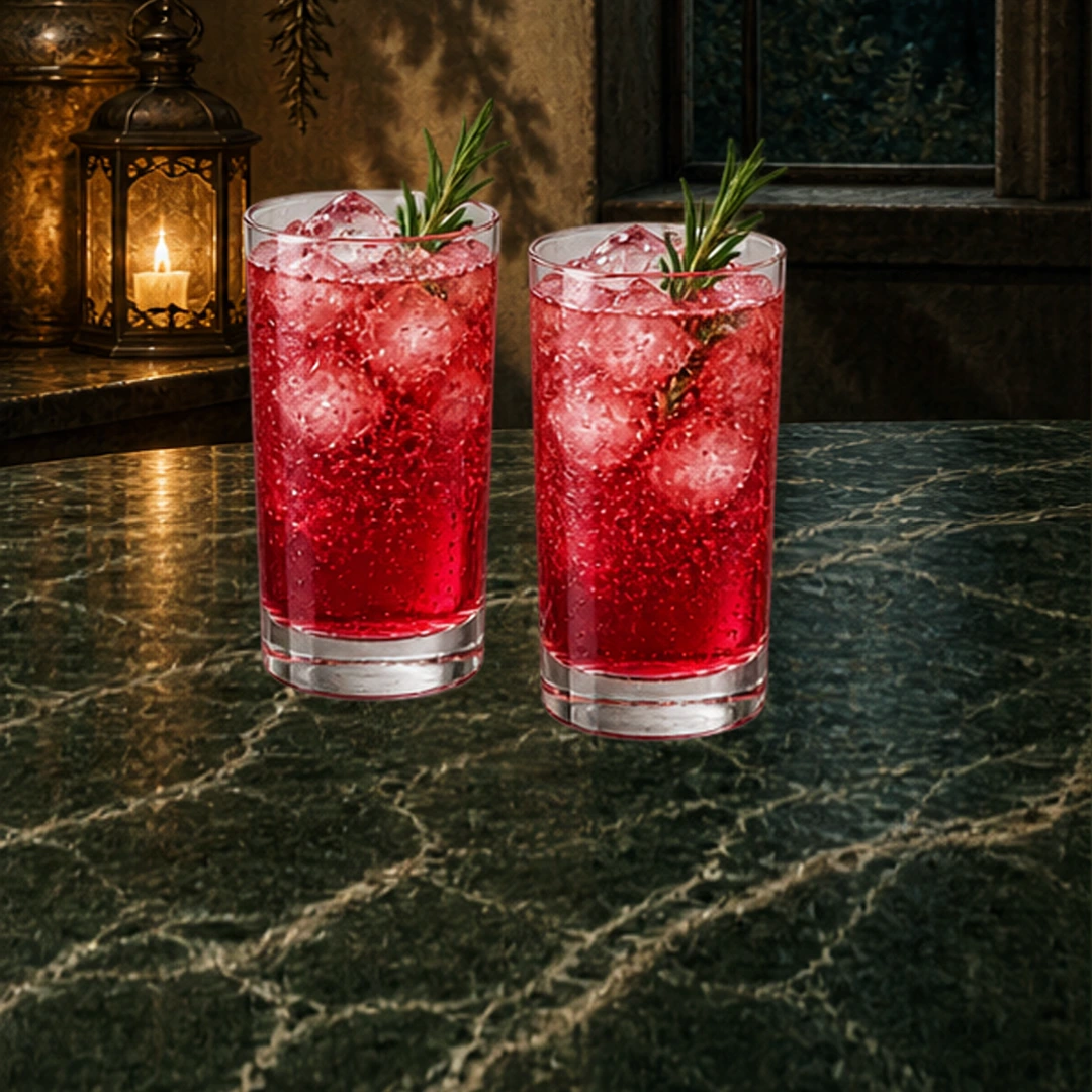 Cranberry Rosemary Moon Fizz in an illustrated Halloween setting.