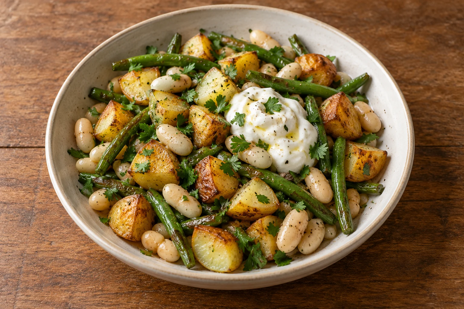 Golden potatoes, white beans and green beans with lemon yogurt and parsley in a ceramic bowl