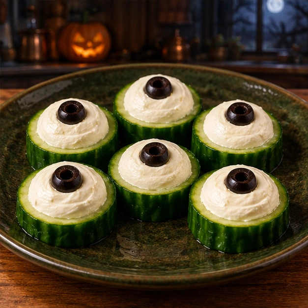 Cucumber rounds topped with white cream-cheese domes and black olive pupils on an olive platter in a spooky kitchen.