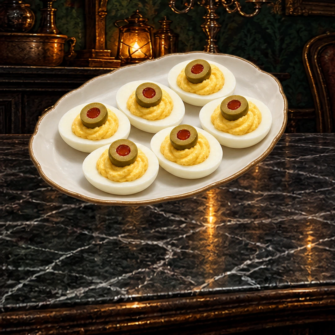 Deviled-Egg Eyeballs in an illustrated Halloween setting.