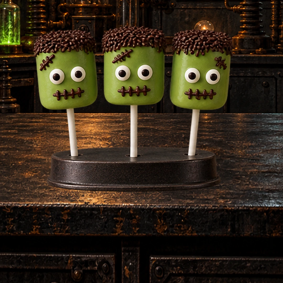 Frankenstein Marshmallow Pops in an illustrated Halloween setting.